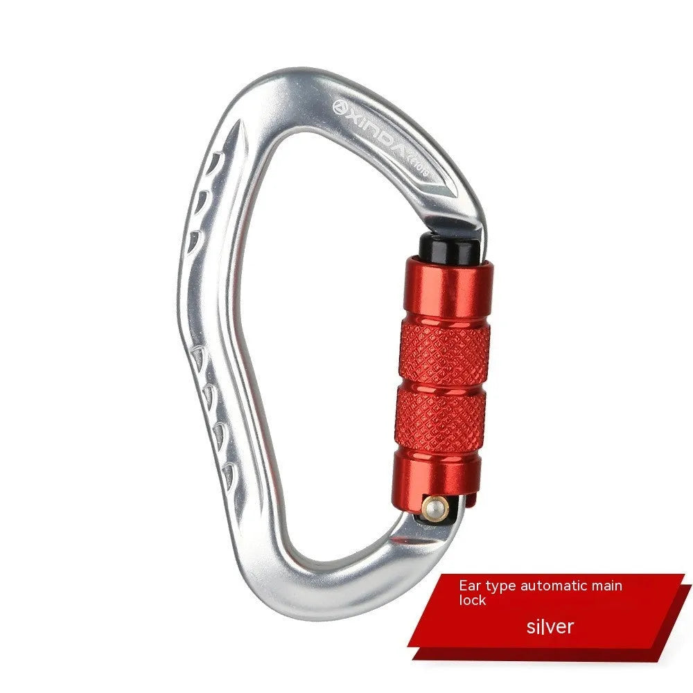 Automatic lock climbing carabiner in multiple colours: black, blue, orange, red, and silver