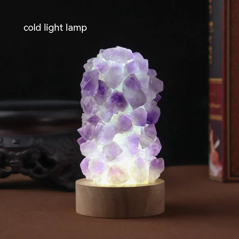 Natural amethyst crystal night light with USB plug showing both warm and cold light settings