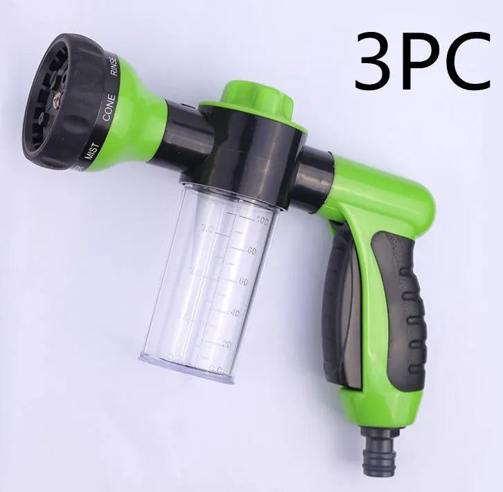 Green high-pressure foam spray gun with adjustable nozzle for car and household cleaning.