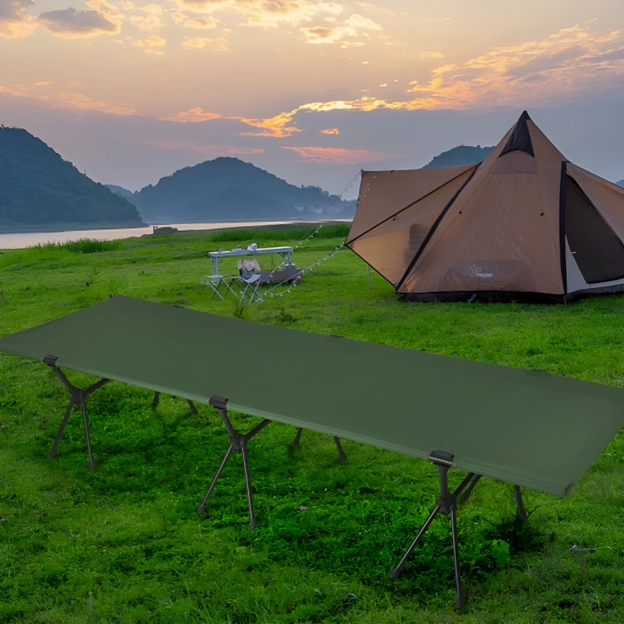 Outdoor folding bed with aluminium frame shown in khaki colour, folded with storage bag
