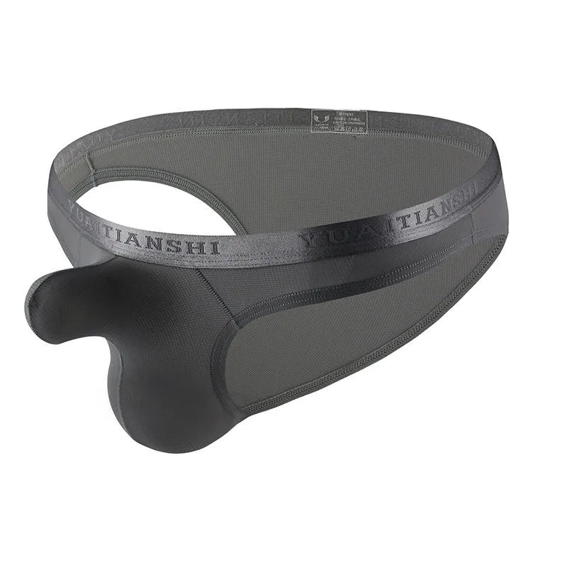Men's thin solid colour low waist underwear in grey on a plain background.