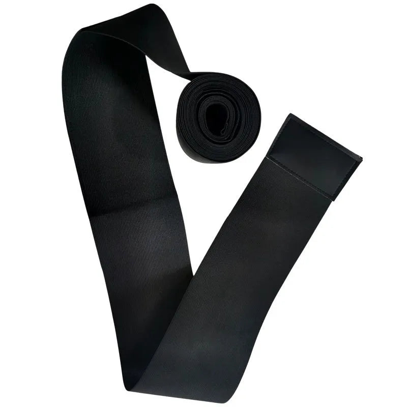 Women's black waist trainer exercise restraint belt showing its 10cm width and long length.