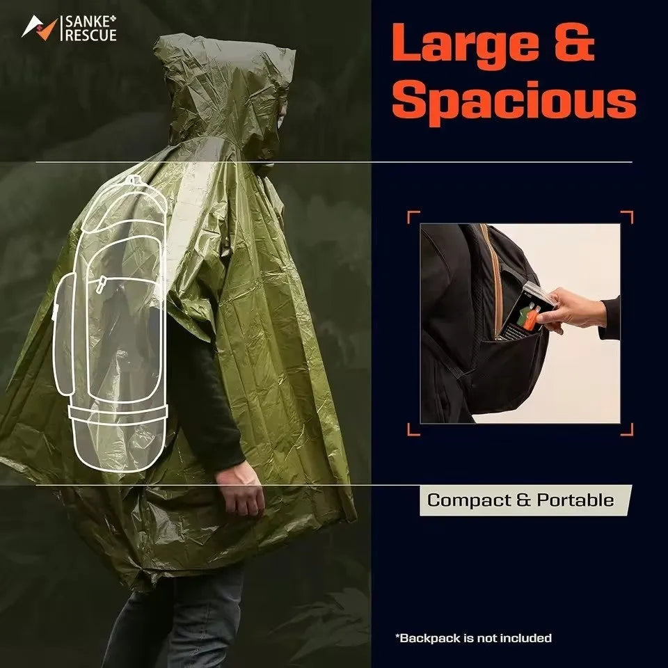 Waterproof military hooded raincoat in army green, measuring 100x120 cm, folded for display
