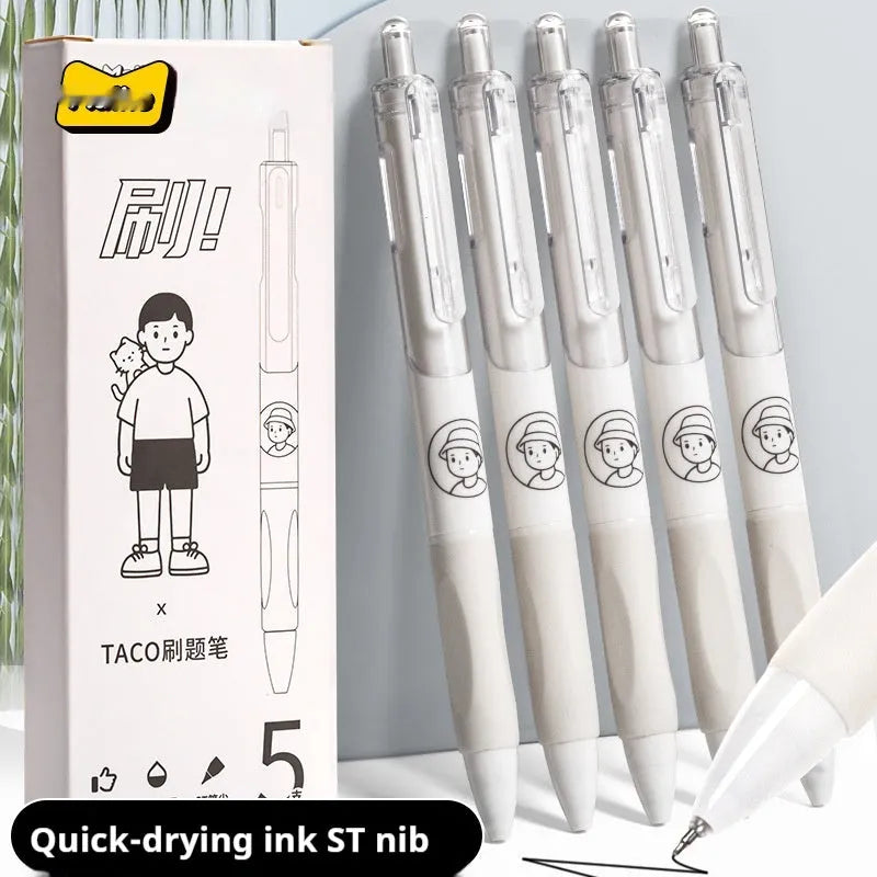 Five white plastic ballpoint pens with 0.5mm black gel ink tips from the Taco series.