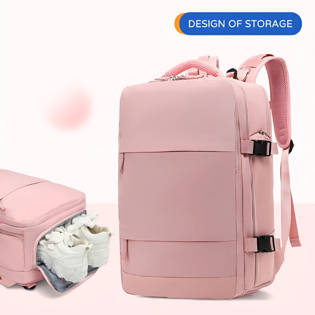 Waterproof nylon mummy travel backpack in a choice of colours including black, mint green, and pink.