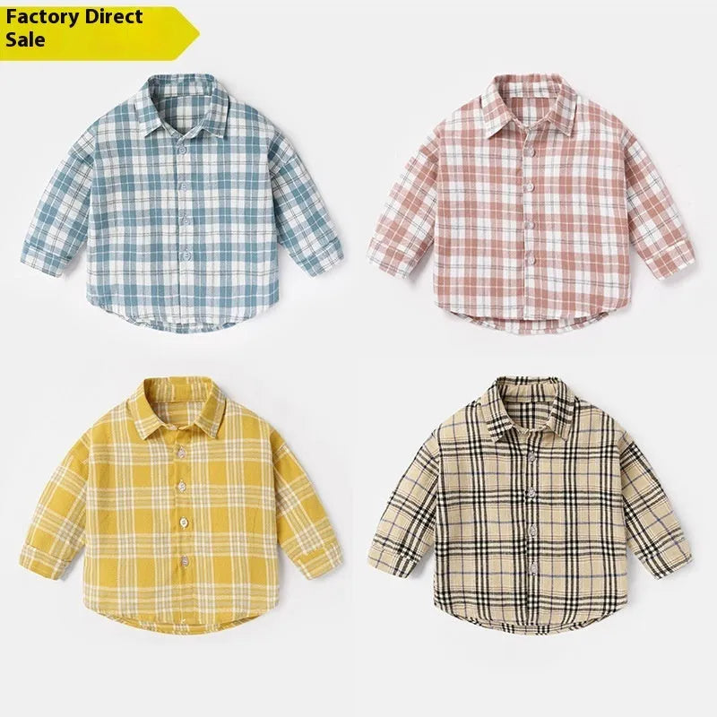 Boy's cotton lattice shirt with animal cartoon pattern in khaki, available in multiple sizes