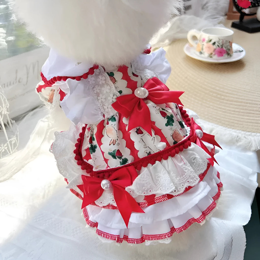 Princess style rabbit skirt dog dress in polyester on a small dog mannequin, showing the flared skirt design.