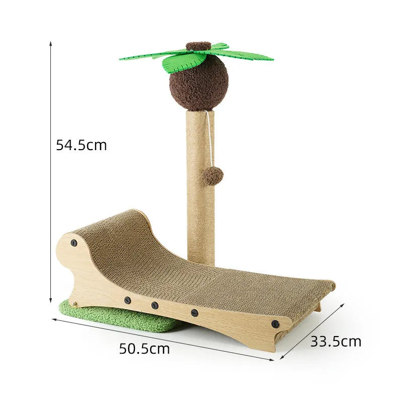 Wooden beach chair style cat climbing frame with a built-in hemp mat scratching post and raised bed.