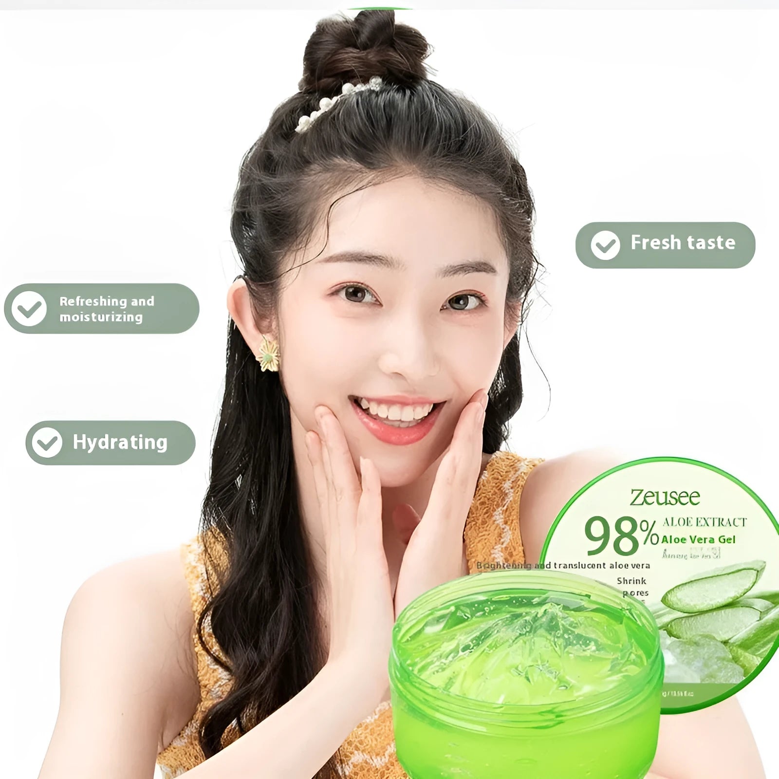 Jar of 98% aloe vera gel 300g with a measuring spoon for acne control and hydration