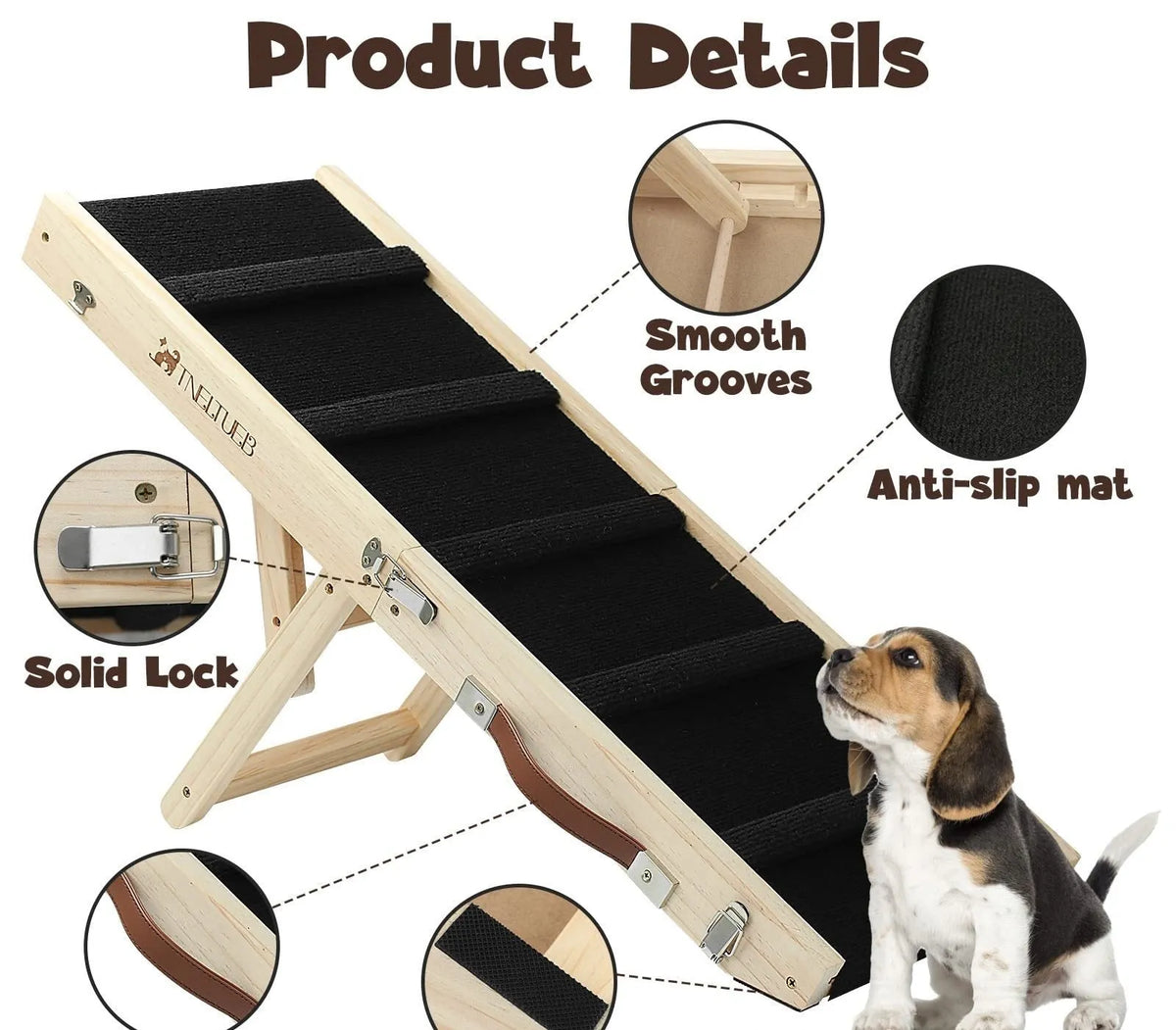 Wooden adjustable pet dog ladder foldable non-slip ramp in wood colour for safe pet access