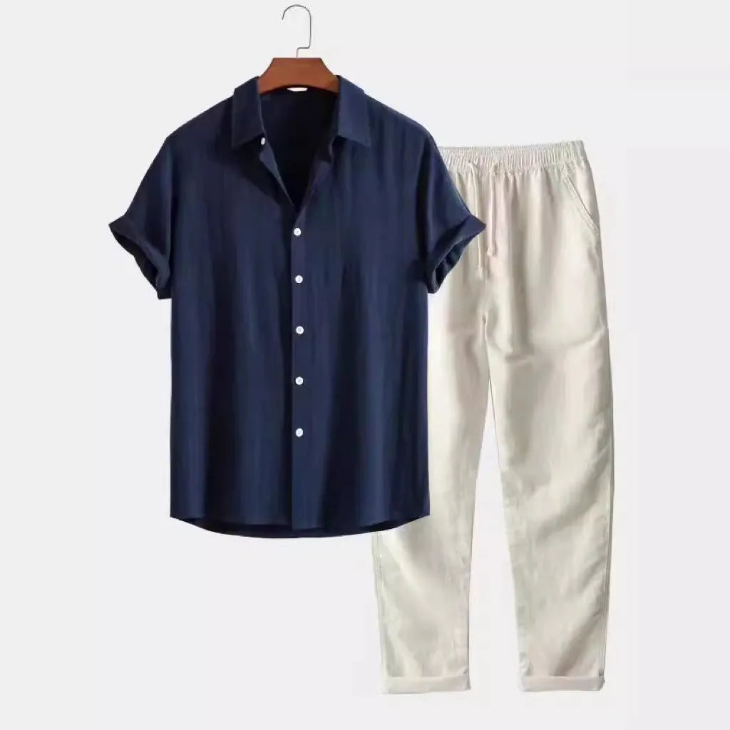 Men's casual loose multi-color beachwear cotton and linen short sleeve suit two-piece set in Beige
