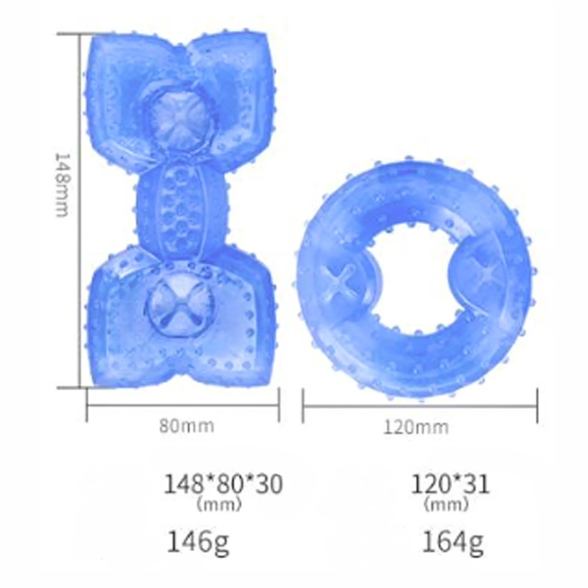 A durable bone-shaped and circle-shaped dog cooling chew toy on a blue background.