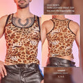 Men's leopard print mesh lingerie top on a mannequin, showing the bold pattern and thin fabric.