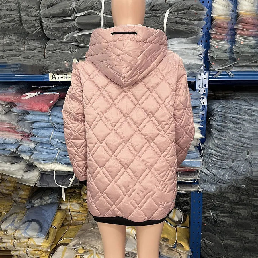 Women's casual hooded coat in pink and black colours, shown in a loose fit with long sleeves.