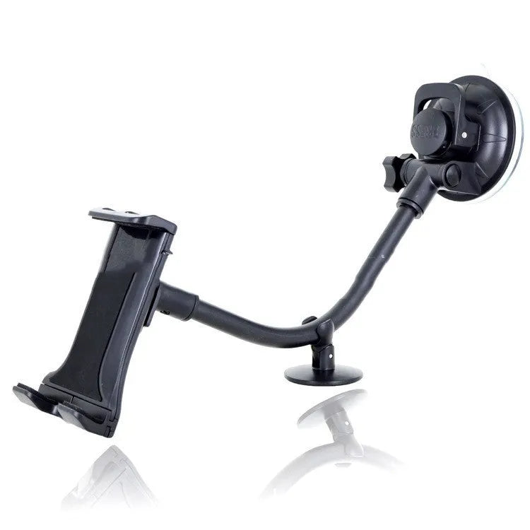 Black universal car tablet holder with suction cup mounted on a dashboard, holding an iPad.