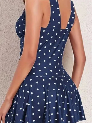 Blue polka dot print women's swimsuit with skirted bikini design, plus size