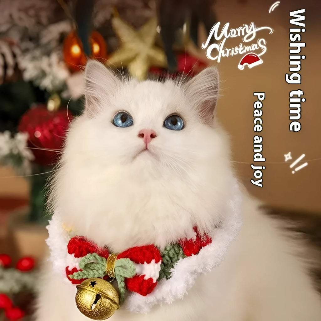 Christmas pet scarf and hat set in wool with cartoon pattern for cat or dog