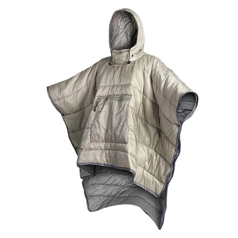 Outdoor wearable cloak sleeping bag in army green or grey, shown as a blanket and cape.