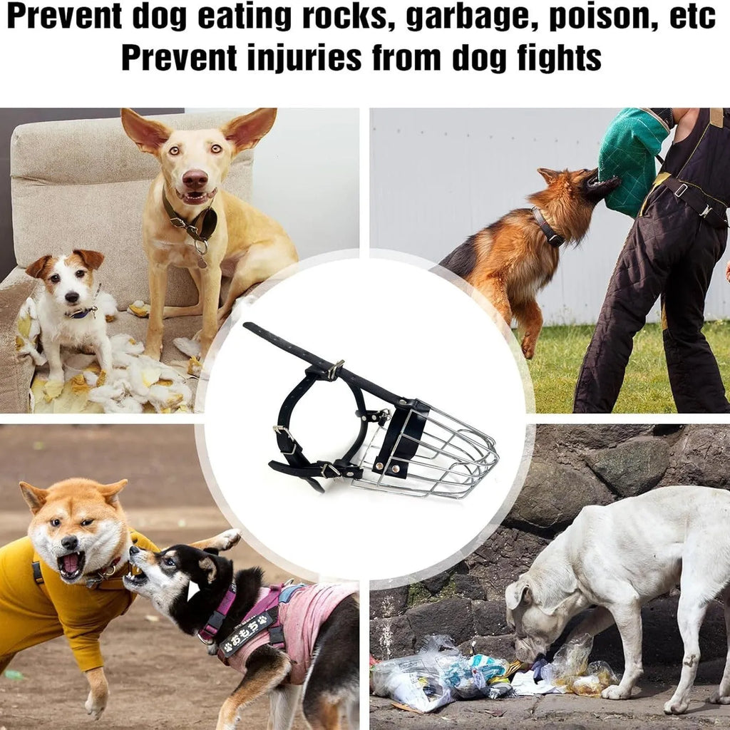 Black metal dog muzzle with adjustable straps, designed for Golden Retrievers and German Shepherds.
