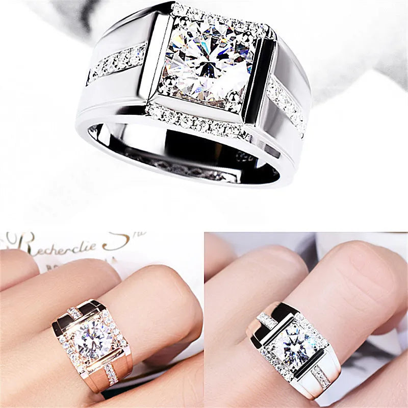 Men's adjustable imitation moissanite ring with diamond zircon design in three electroplated colour options