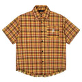 Yellow grid plaid short sleeve shirt with embroidery chest pocket, loose fit design