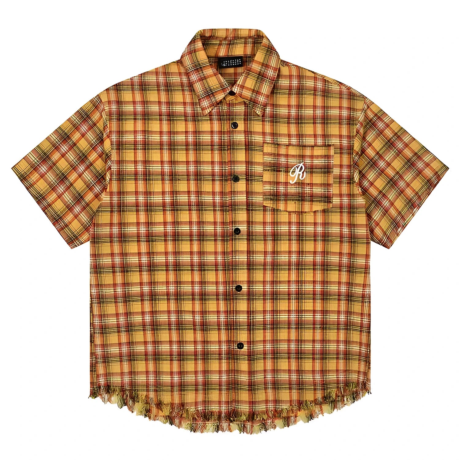 Yellow grid plaid short sleeve shirt with embroidery chest pocket, loose fit design