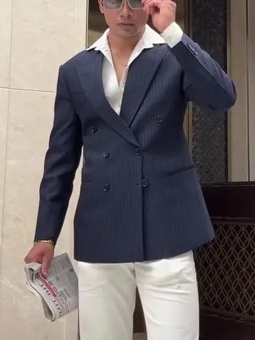 Men's classic striped double-breasted polyester blazer on a hanger, showing regular fit and length.