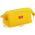 Large canvas pencil case with double zipper open, showing spacious interior for pens and pencils, in yellow colour.
