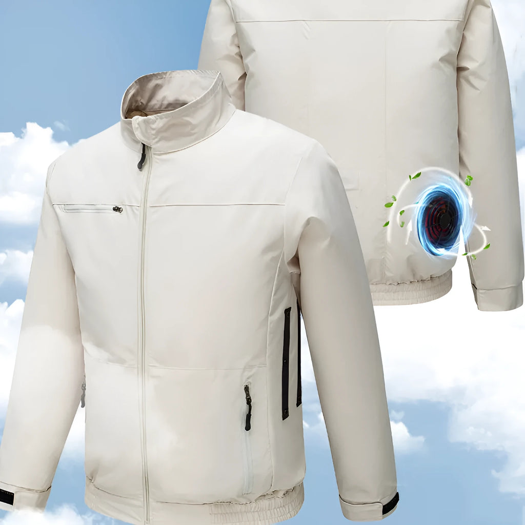 Men's black smart air conditioning jacket with multiple ventilation holes for outdoor summer work.