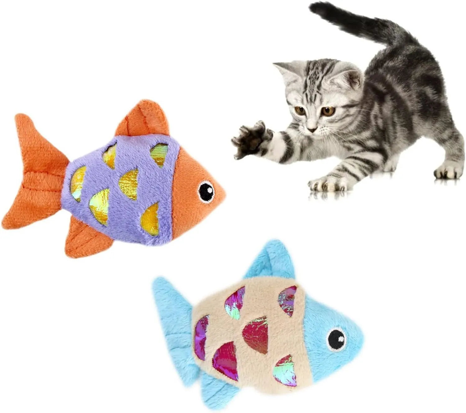 Blue, orange and pink fish-shaped cat toys with plush exterior and crinkle paper elements