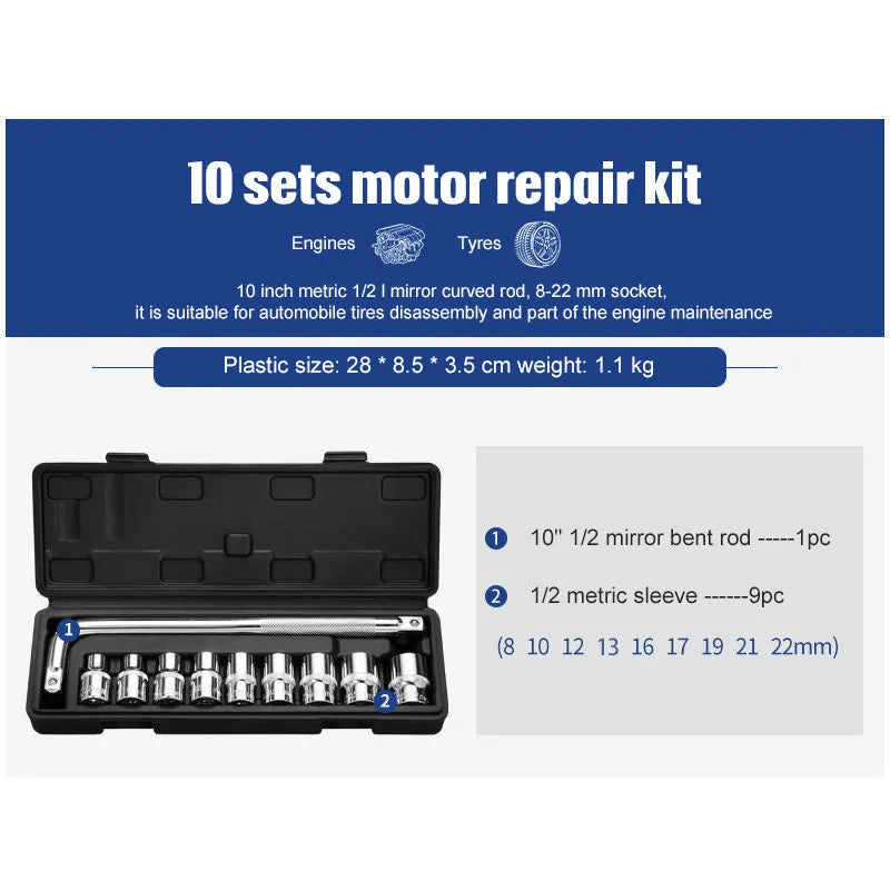 Socket ratchet wrench set with chromium vanadium steel tools and a reversible ratchet handle.
