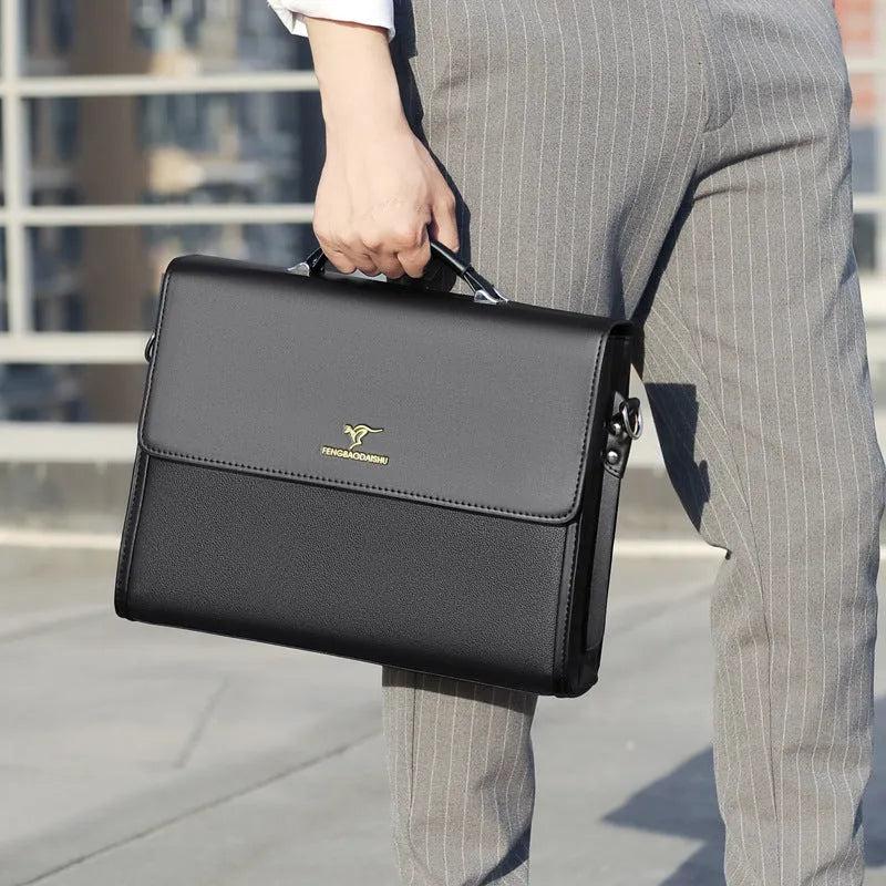 Men's horizontal PU leather waterproof briefcase in black, designed for business commute