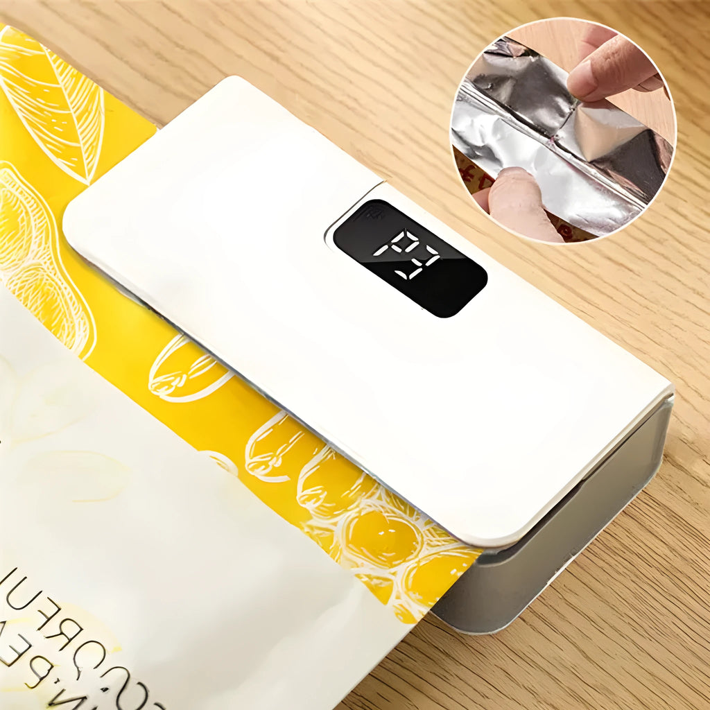 Small portable manual heat sealing machine for plastic snack bags in white or blue.