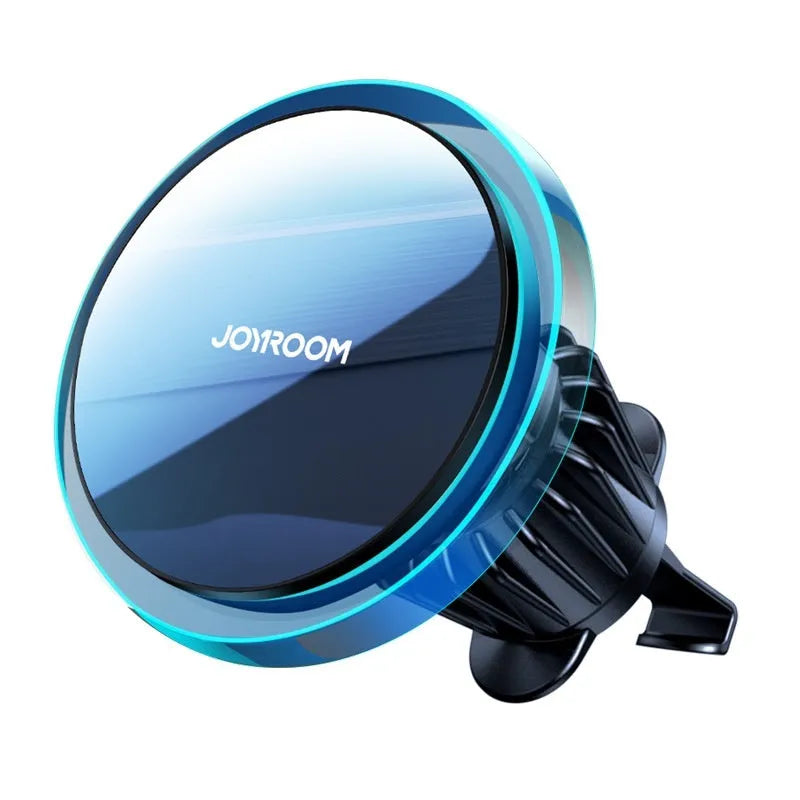 Black magnetic wireless charging car air vent phone stand showing 15W fast charging capability