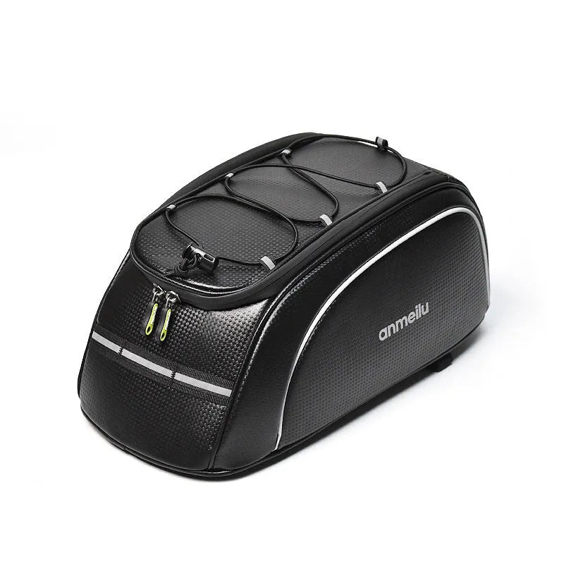 Black waterproof PU leather bicycle rack bag mounted on a bike rear rack, showing its 8-litre capacity.