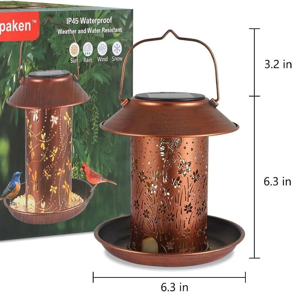 Solar-powered hummingbird pattern iron art bird feeder with integrated LED garden light