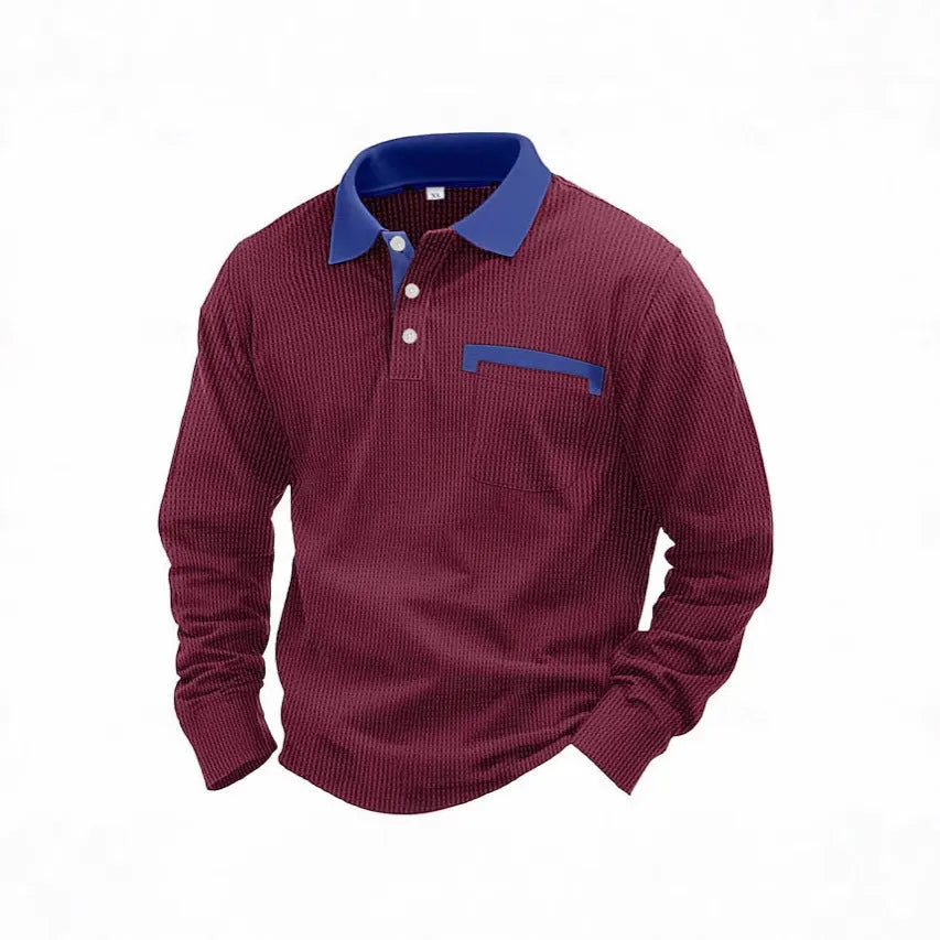 Men's long-sleeved waffle polo shirt in a solid colour with an asymmetrical retro style detail.