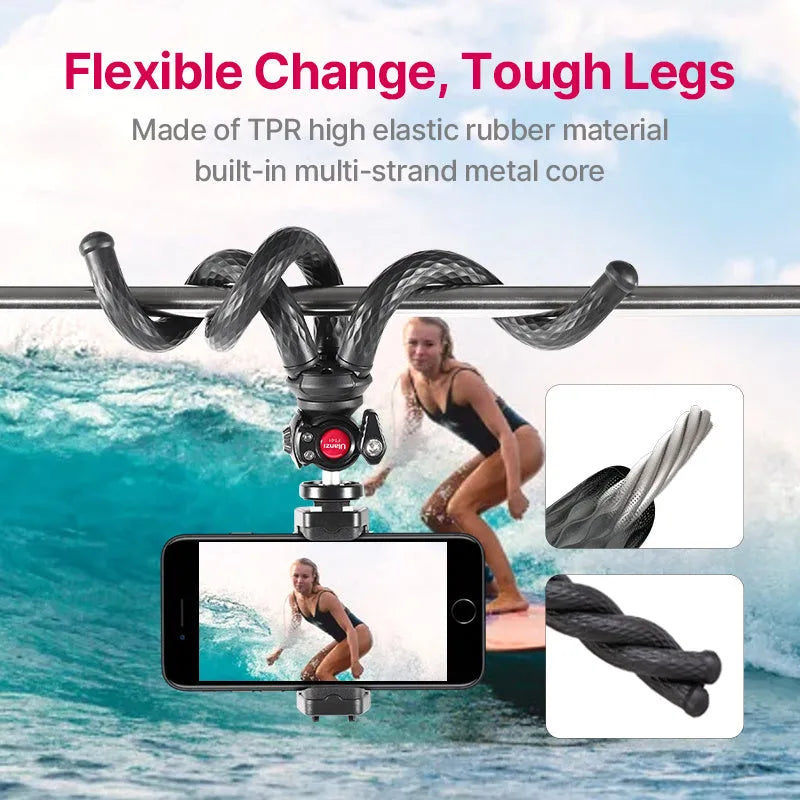 Black flexible octopus leg tripod with mobile phone clip attached, FT-01 model.