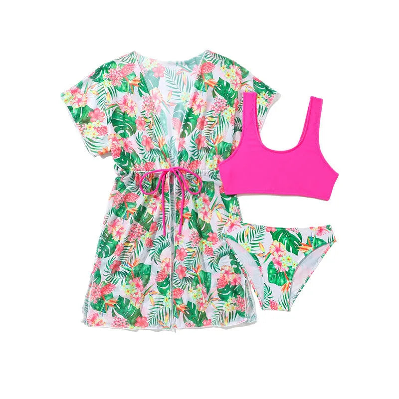 Girls' floral pattern two-piece polyester swimsuit for swimming ages 3-12 years