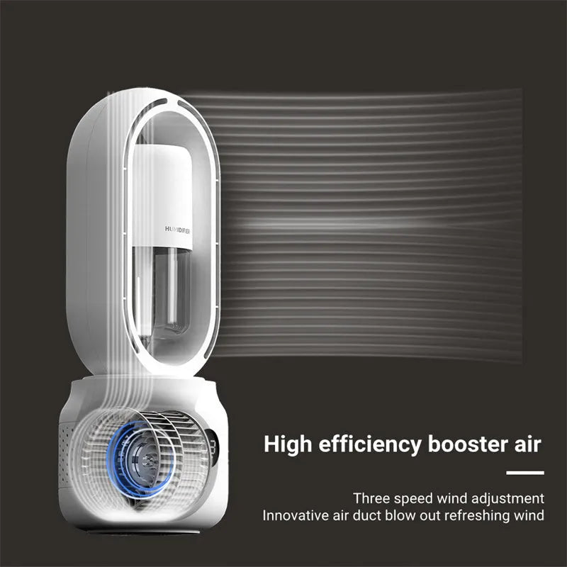 White bladeless USB rechargeable table fan with water tank and digital controls on a desk