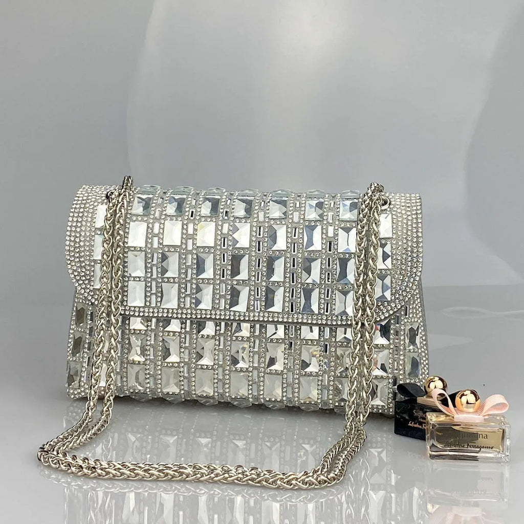 Shiny glass rhinestone chain clutch purse with diamond accents in horizontal square shape