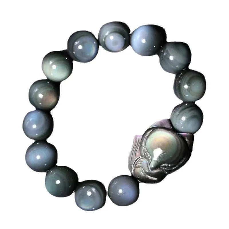 Obsidian stone bracelet with carved fox design, showing 10mm, 12mm, 14mm and 16mm bead size options