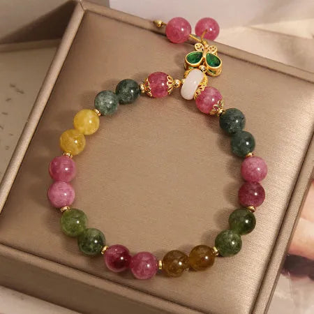 Colourful tourmaline butterfly pendant bracelet with alloy setting and rhinestone accents