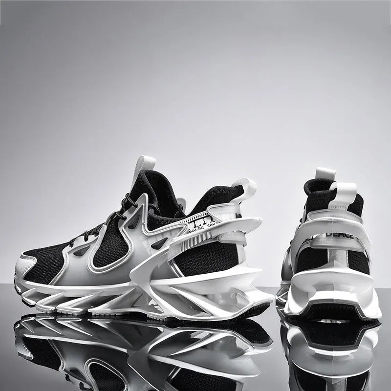 Men's black and white breathable flying woven blade sneakers with TPU sole low-top round toe