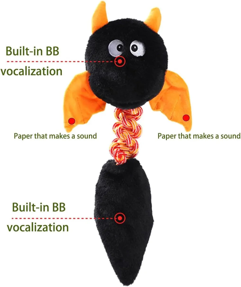 Large black, green, or red plush dog toy with cartoon design, measuring 44cm, featuring a squeaker and rope knot.