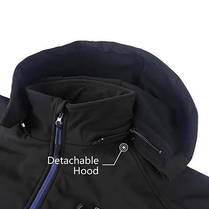 Black men's long sleeve waterproof winter coat with USB heating port and zipper pockets.