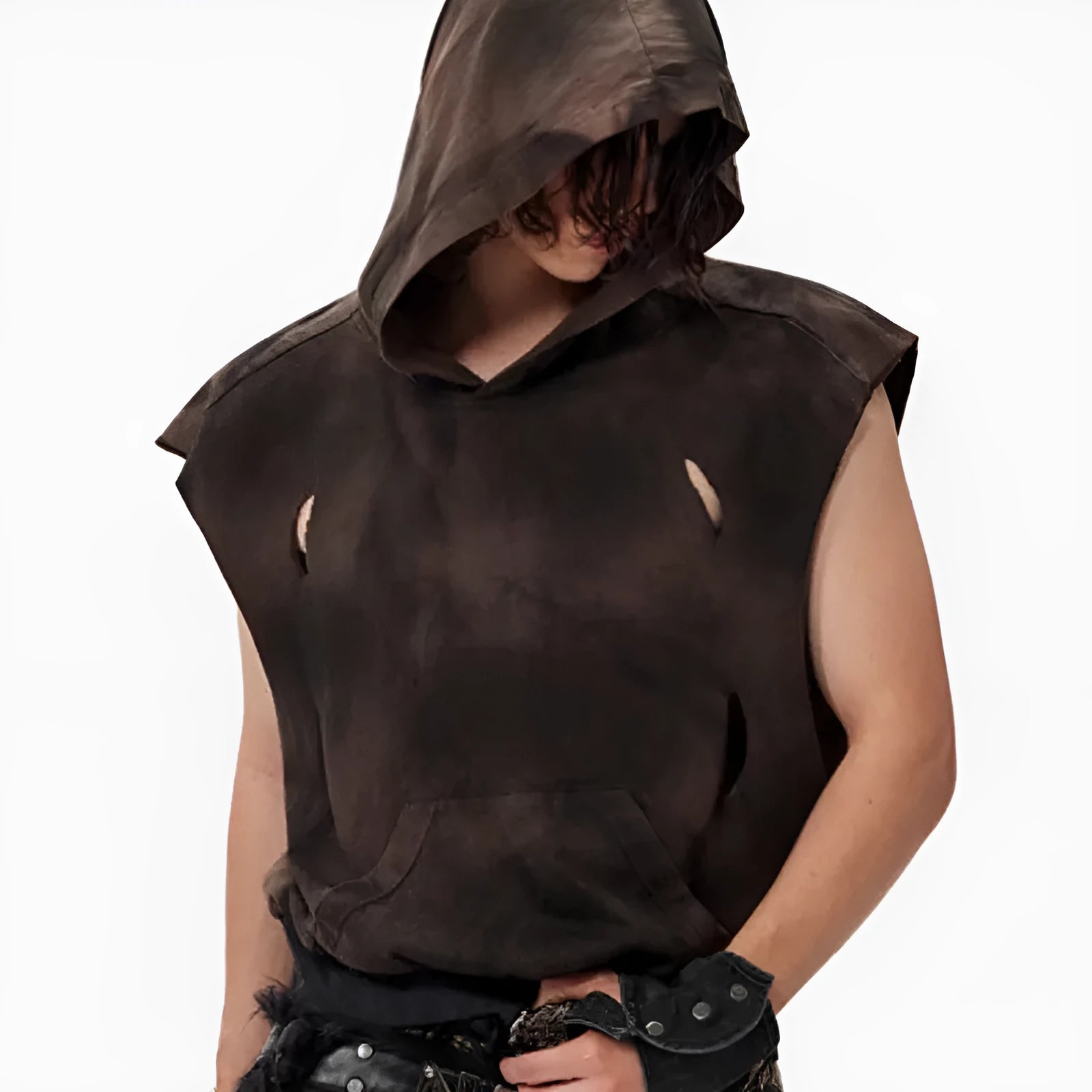 Men's khaki cotton short hood vest with short sleeves on mannequin