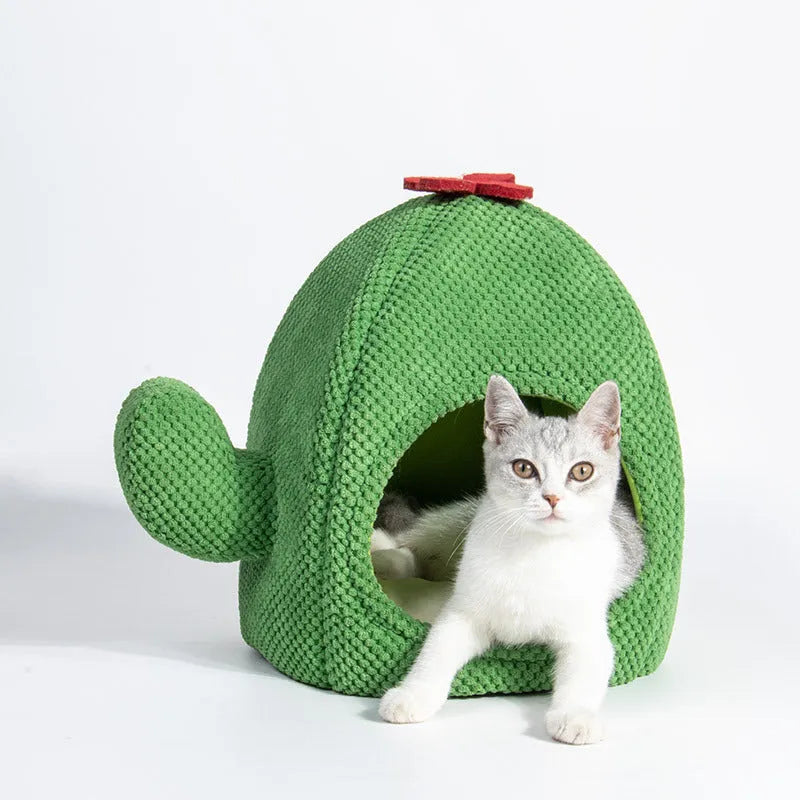 Green cactus-shaped enclosed cat bed for indoor pet sleeping