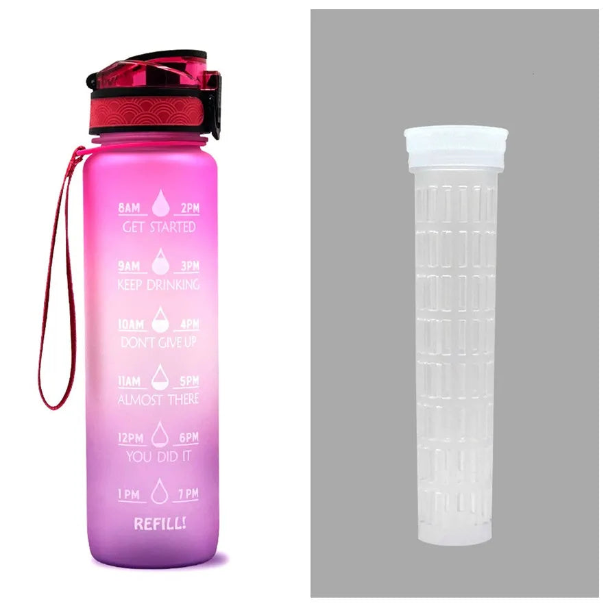 Blue and red gradient 1 litre Tritan sports water bottle with time markers and flip-top lid