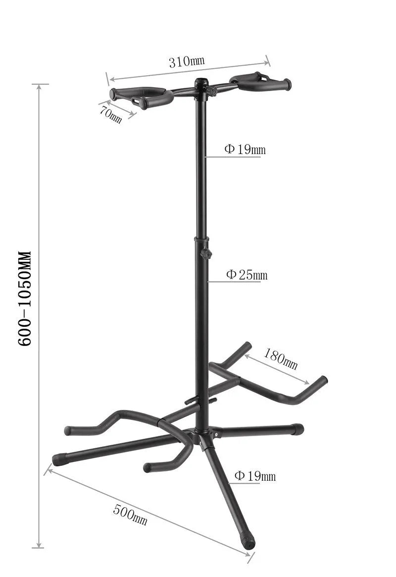 Black vertical double-headed adjustable guitar wall mount stand holding two guitars